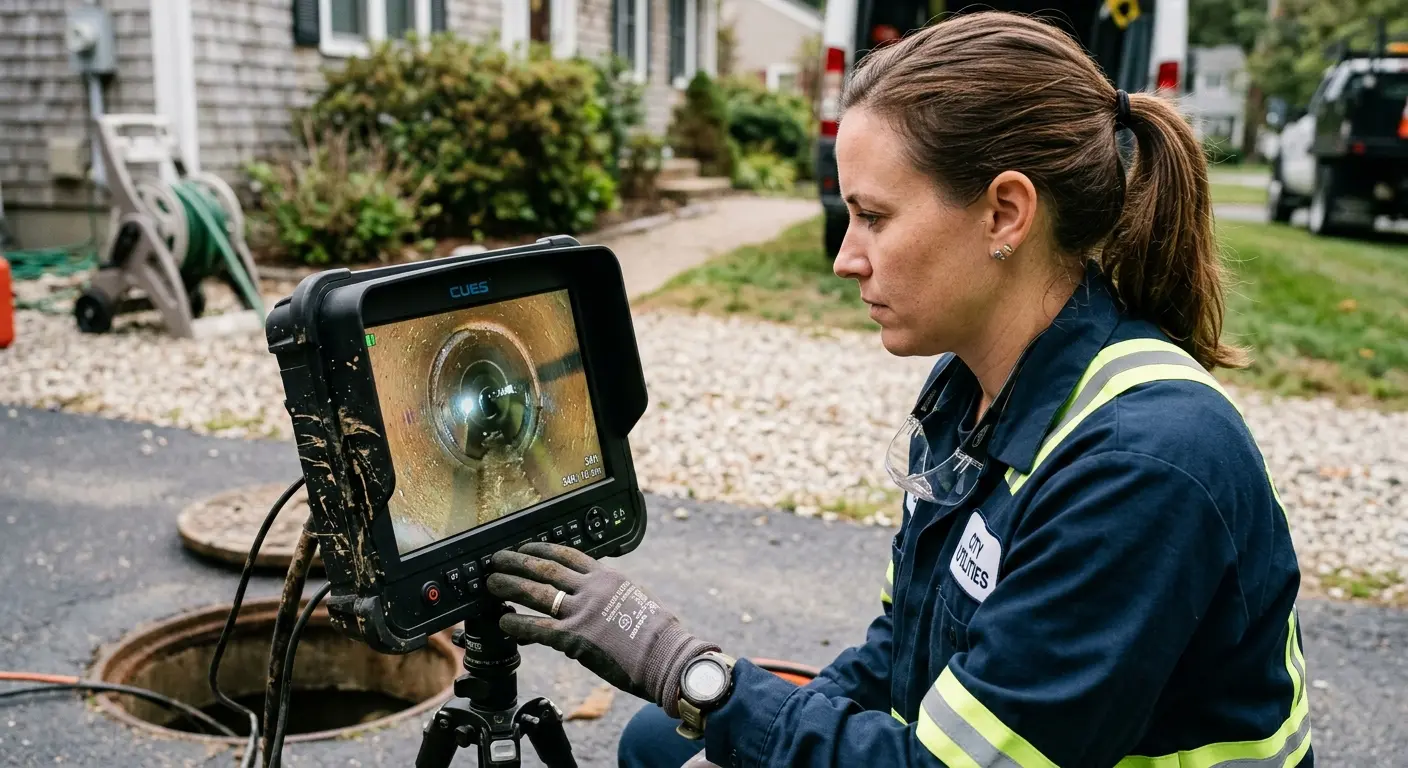 Technician reviewing sewer camera inspection footage in Garfield