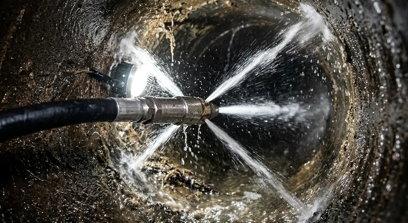 High-pressure hydro jetting nozzle cleaning sewer pipe for Trenchless Sewer Repair in Garfield