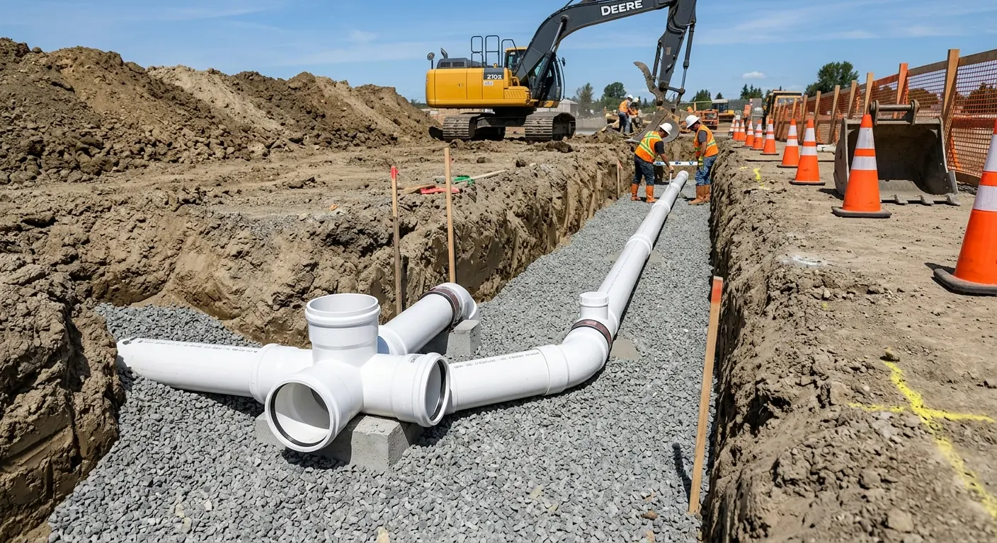 New PVC sewer pipe installation in open trench for Sewer Backup in Garfield