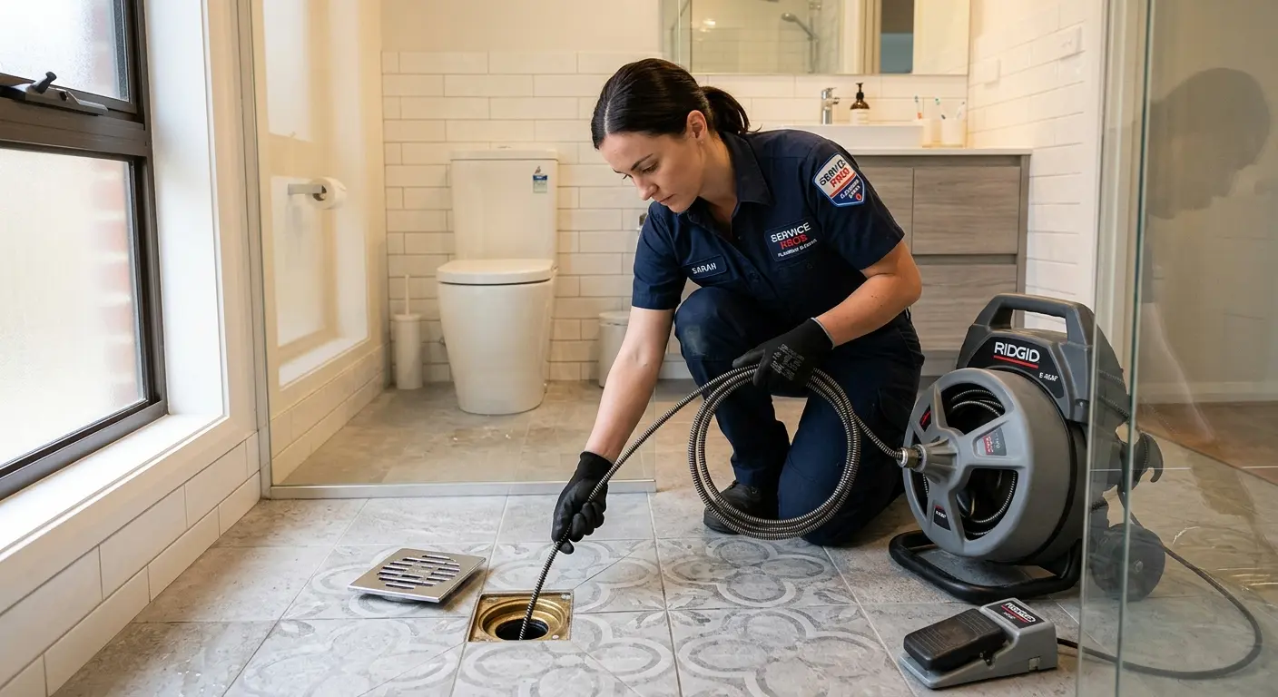 Technician clearing a bathroom floor drain for Drain Cleaning in Garfield
